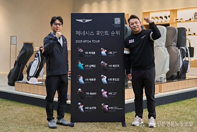 제네시스사업본부장 송민규 부사장(좌)이 이승택 선수의 PGA 투어 입성을 축하하며 제네시스 포인트 순위보드 앞에서 기념촬영을 하고 있다