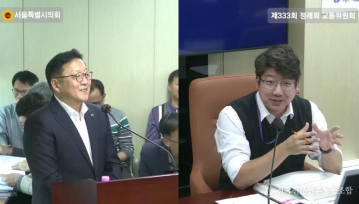 제333회 서울시의회 정례회 교통위원회 행정사무감사 당시 증인으로 출석한 한신공영(좌) 측에 서부선 출자를 권유하는 문성호 의원(우)