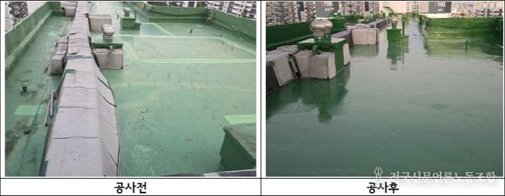 공동주택 공용시설물 유지·관리 지원사업으로 시행된 구로동 옥상방수공사 전·후 사진