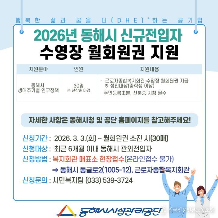 동해시 신규 전입자에 ‘수영장 월회원권’ 지원