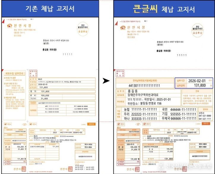 천안시 세외수입 체납고지서 글자 크기를 확대한 ‘돋보기 고지서’.