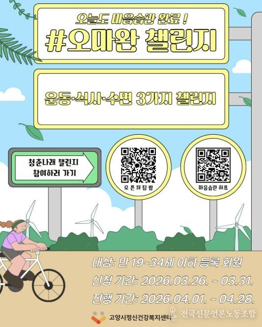 고양시정신건강복지센터, 청년 마음습관 형성 프로젝트 '#오마완 챌린지' 참여자 모집